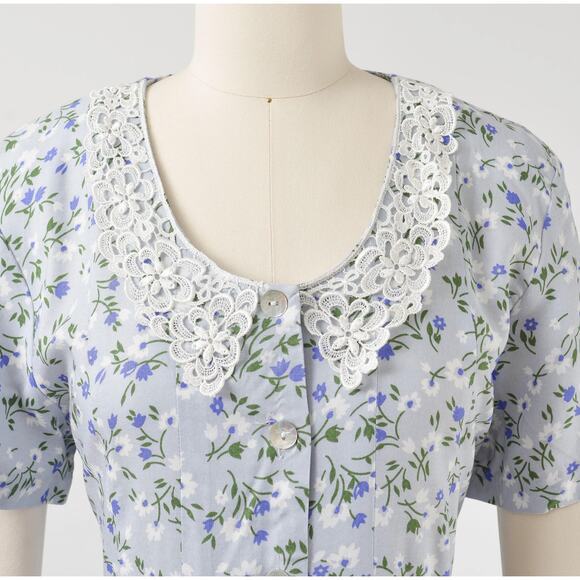 Vintage 90s Light Blue Floral Maxi Dress Lace Collared Long Cottagecore Dress M - Picture 5 of 9